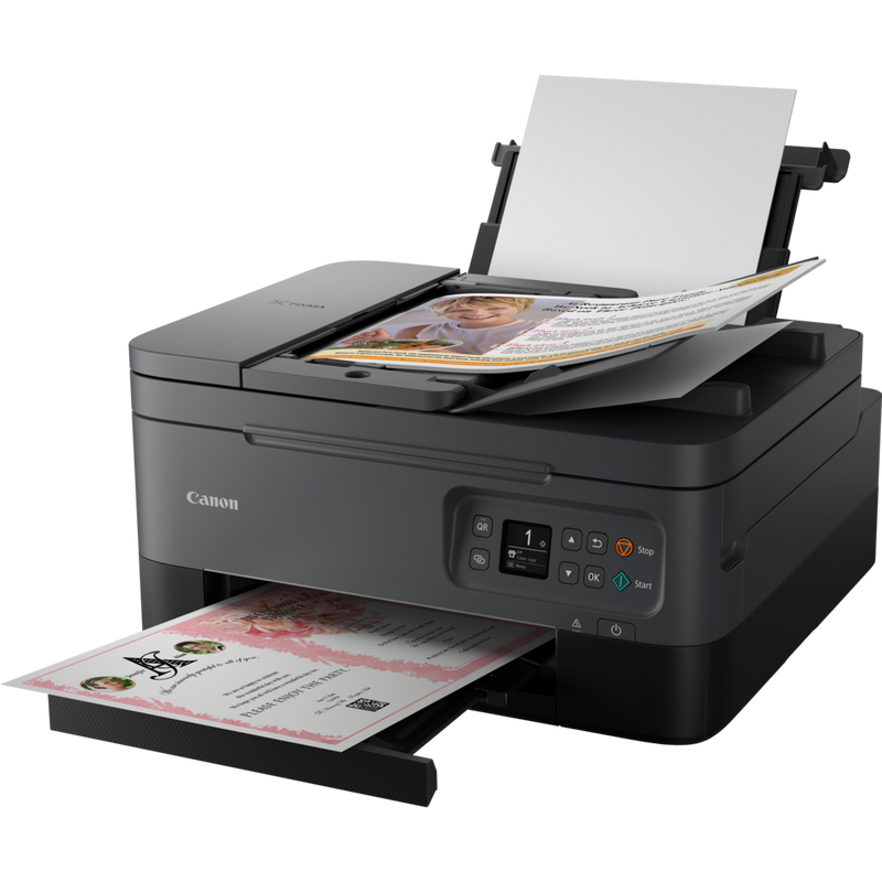 Canon PIXMA TS7440 Wireless Colour All in One Inkjet Photo Printer, Black Product Front Slant View With Paper Tray Out And Paper Support