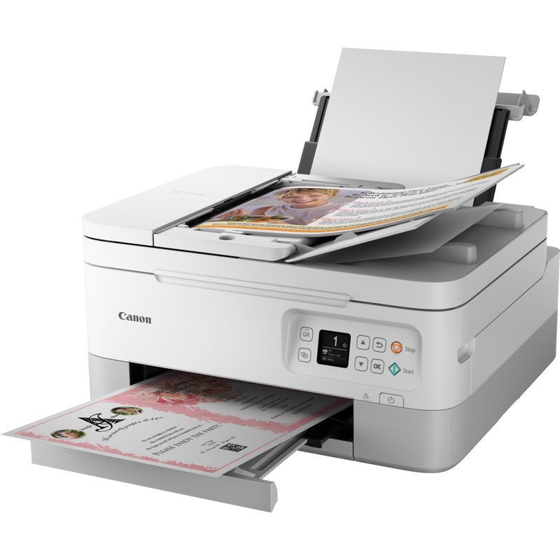 Canon PIXMA TS7451 trådløs alt-i-én-inkjet-fotoprinter, hvid Produkt Set skråt forfra med papirudbakke og papirstøtte