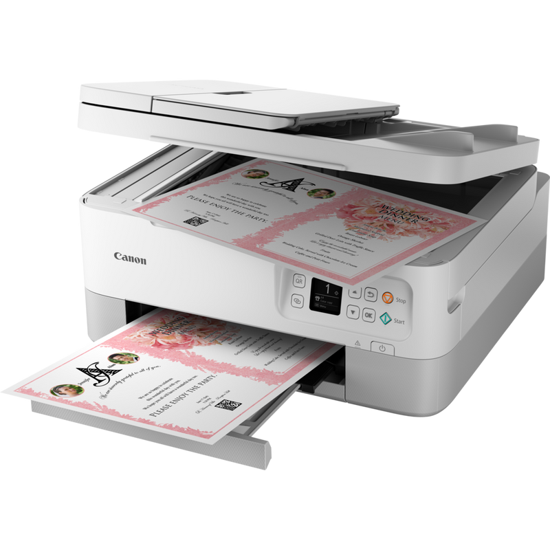 Canon PIXMA TS7451 trådløs alt-i-én-inkjet-fotoprinter, hvid Produkt Set skråt forfra med papirudbakke