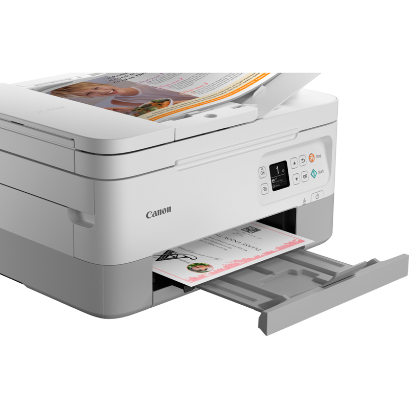 Canon PIXMA TS7451 trådløs alt-i-én-inkjet-fotoprinter, hvid Produkt Set skråt forfra med papirudbakke