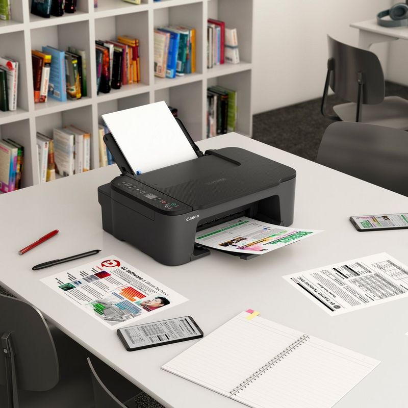 Canon PIXMA TS3440 Wireless Colour All-in-One Inkjet Photo Printer, Black Kept On A Table With Paper Tray Out And Paper Support