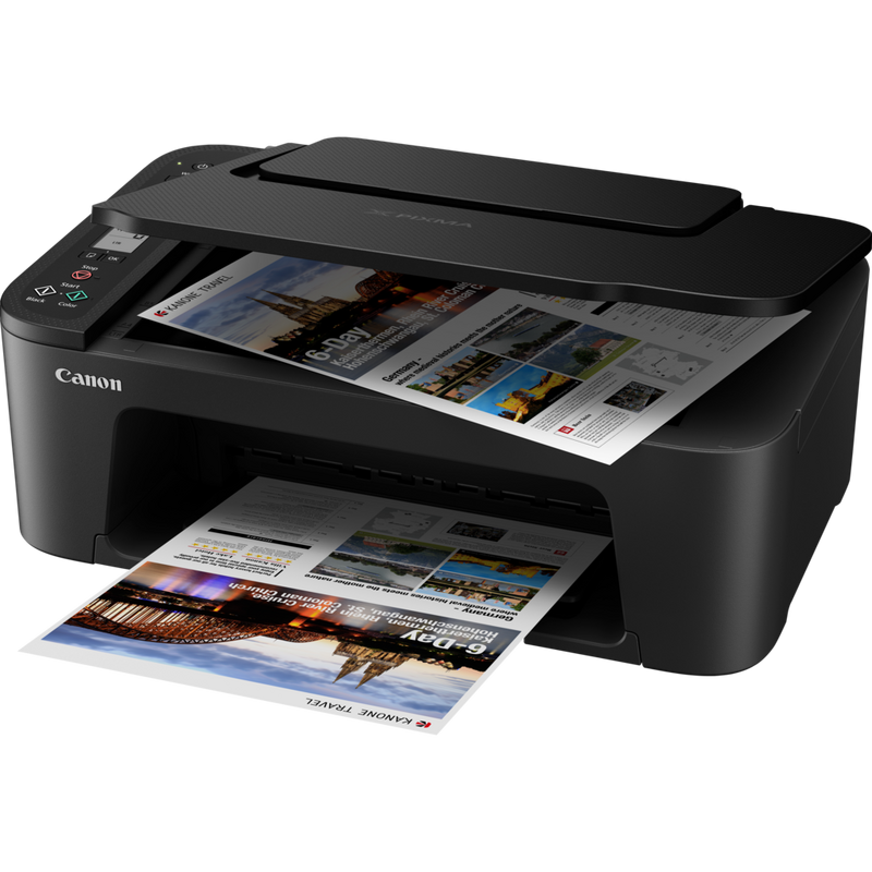 Canon PIXMA TS3450 negra: impresora multifunción fotográfica de inyección de tinta en color Producto Vista frontal inclinada con la bandeja de papel abierta