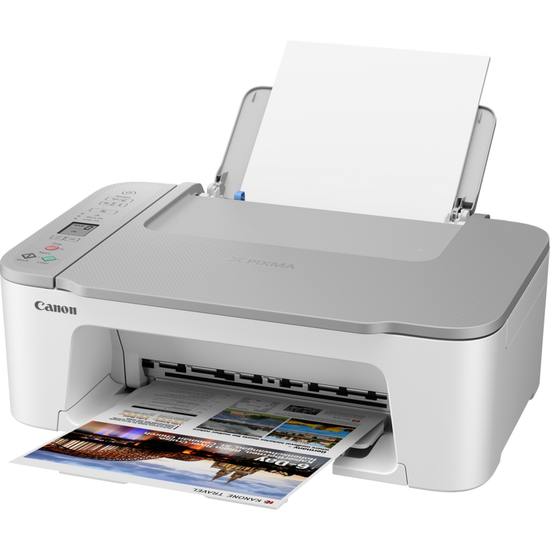 Canon PIXMA TS3451 Wireless Colour All-in-One Inkjet Photo Printer, White Product Front Slant View With Paper Tray Out And Paper Support