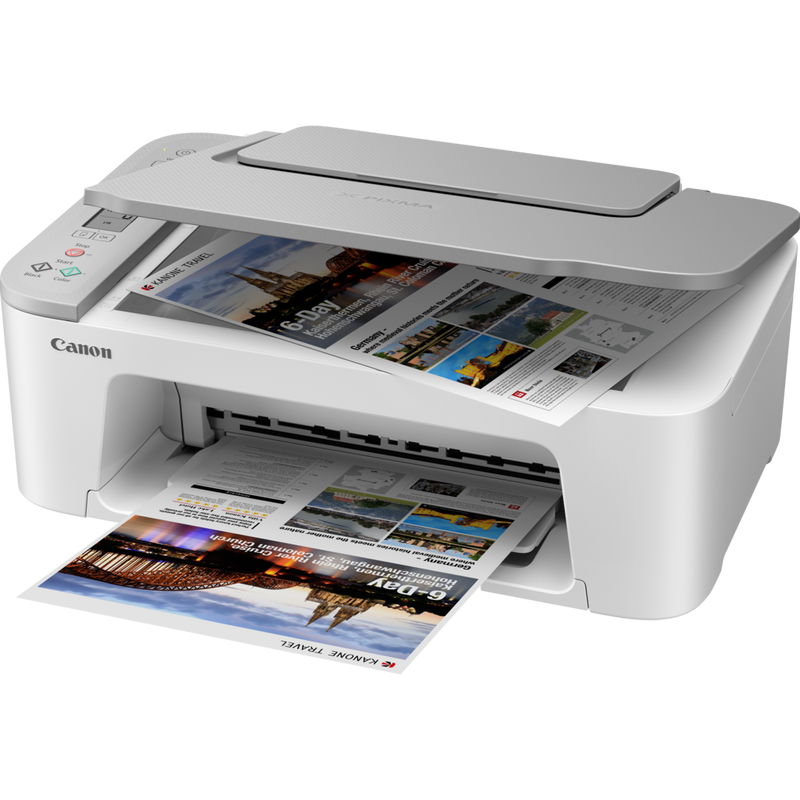 Canon PIXMA TS3451 Wireless Colour All-in-One Inkjet Photo Printer, White Product Front Slant View With Paper Tray Out