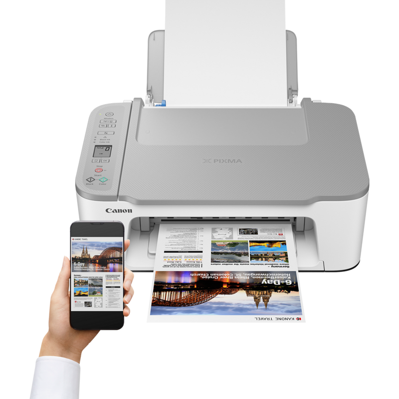 Canon PIXMA TS3451 Wireless Colour All-in-One Inkjet Photo Printer, White Product Front View With A Person Printing From a Smartphone