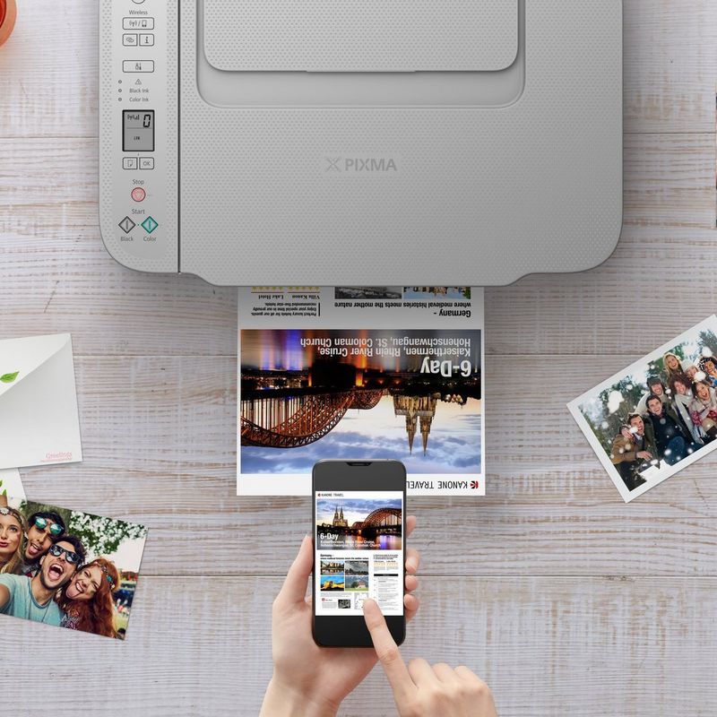 Canon PIXMA TS3451 Wireless Colour All-in-One Inkjet Photo Printer, White Product Top View With A Person Printing From a Smartphone