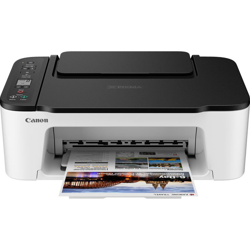 Canon PIXMA TS3452 Wireless Colour All-in-One Inkjet Photo Printer, White with Black top Product Front View With Paper Tray Out