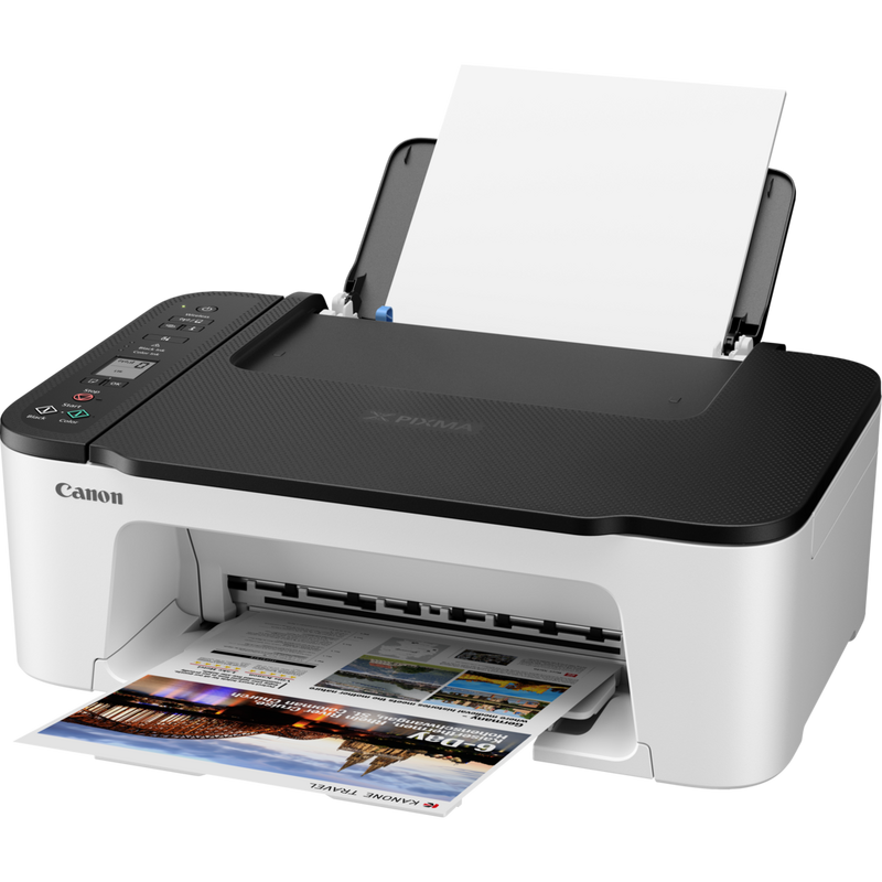 Canon PIXMA TS3452 Wireless Colour All-in-One Inkjet Photo Printer, White with Black top Product Front Slant View With Paper Tray Out And Paper Support