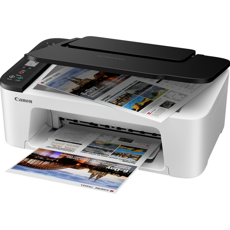 Canon PIXMA TS3452 Wireless Colour All-in-One Inkjet Photo Printer, White with Black top Product Front Slant View With Paper Tray Out