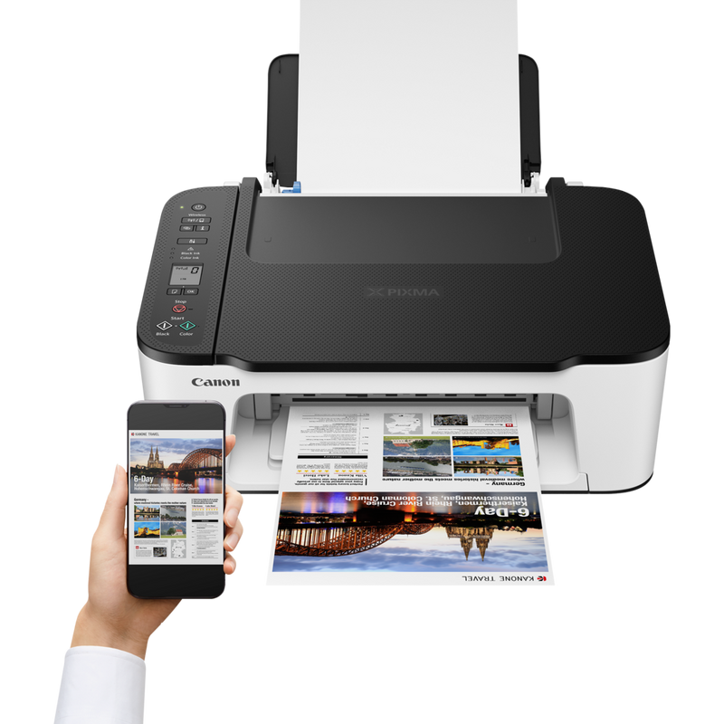 Canon PIXMA TS3452 Wireless Colour All-in-One Inkjet Photo Printer, White with Black top Product Front View With A Person Printing From a Smartphone
