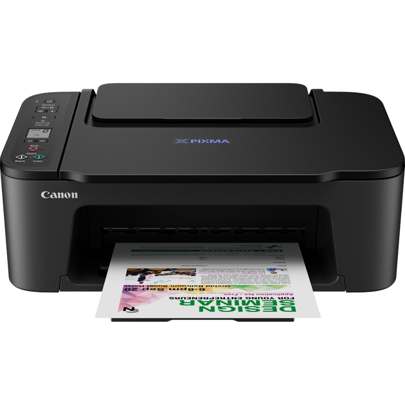 Bezprzewodowa, kolorowa, wielofunkcyjna atramentowa drukarka fotograficzna Canon PIXMA E3440 Produkt Widok z przodu – wysunięta taca na papier