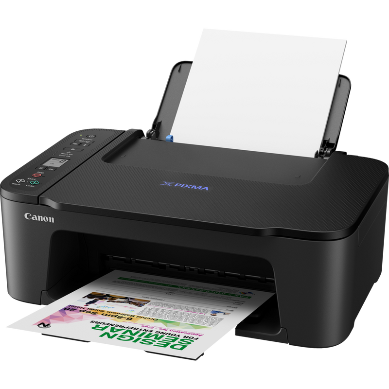Bezprzewodowa, kolorowa, wielofunkcyjna atramentowa drukarka fotograficzna Canon PIXMA E3440 Produkt Widok z przodu pod skosem – wysunięta taca na papier i podpórka papieru