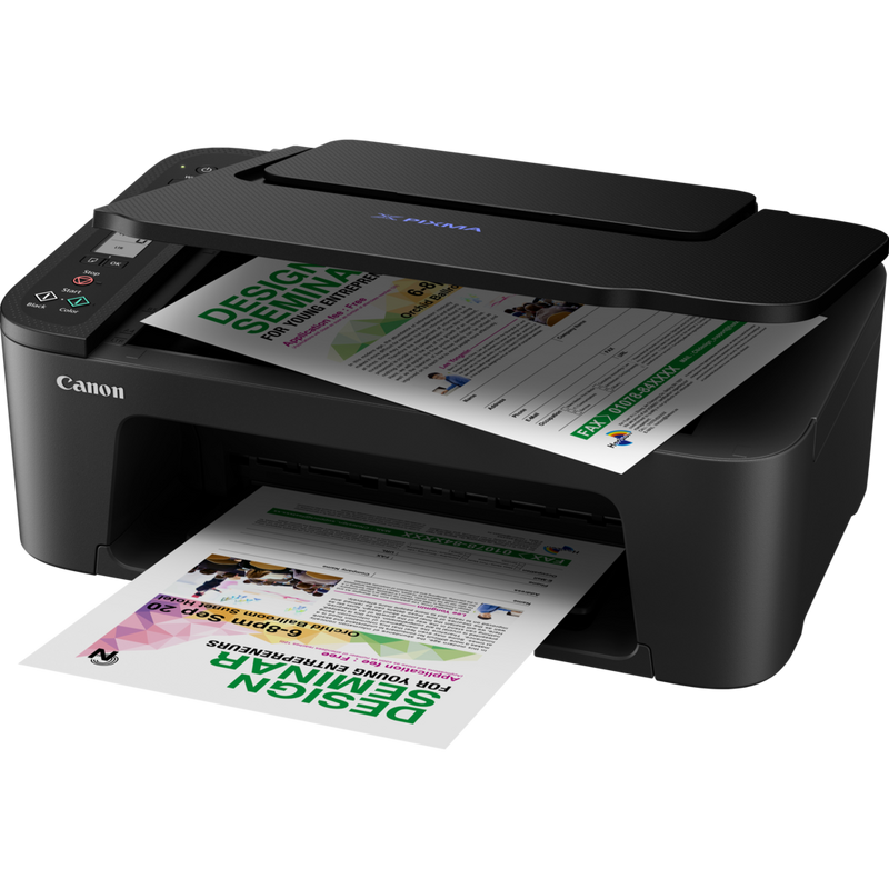 Bezprzewodowa, kolorowa, wielofunkcyjna atramentowa drukarka fotograficzna Canon PIXMA E3440 Produkt Widok z przodu pod skosem – wysunięta taca na papier