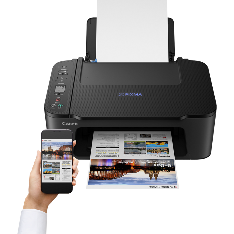 Bezprzewodowa, kolorowa, wielofunkcyjna atramentowa drukarka fotograficzna Canon PIXMA E3440 Produkt Widok z przodu – osoba drukuje ze smartfona