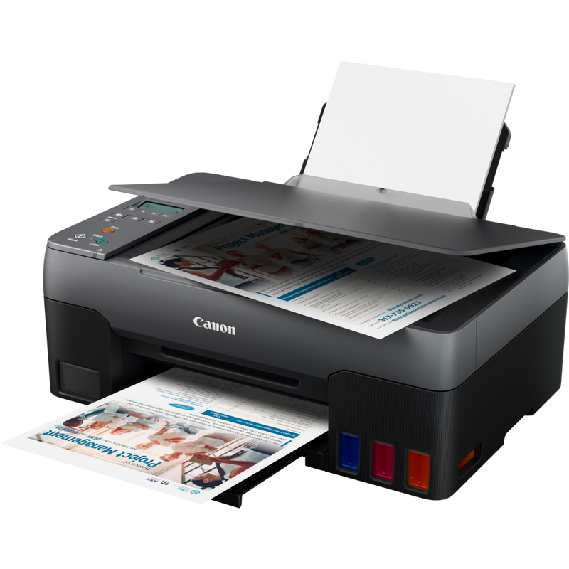 Canon PIXMA G2420 Colour 3-in-1 Refillable MegaTank Printer Product Front Slant View With Paper Tray Out And Paper Support