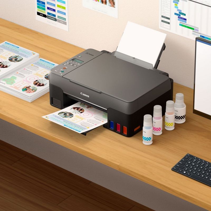 Canon PIXMA G2460 Colour 3-in-1 Refillable MegaTank Printer Kept On A Table Along With Printed Paper And Inks