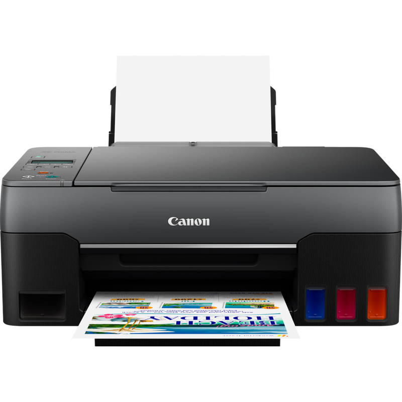 Canon PIXMA G2460 Colour 3-in-1 Refillable MegaTank Printer Product Front View With Paper Tray Out