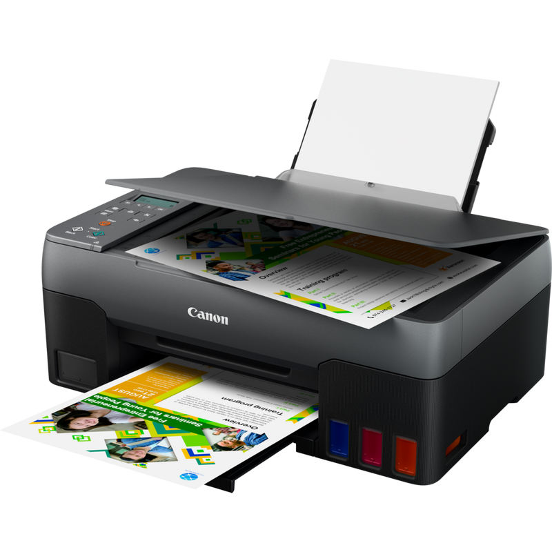 Canon PIXMA G3420 Wireless Colour 3-in-1 Refillable MegaTank Printer Product Front Slant View With Paper Tray Out And Paper Support