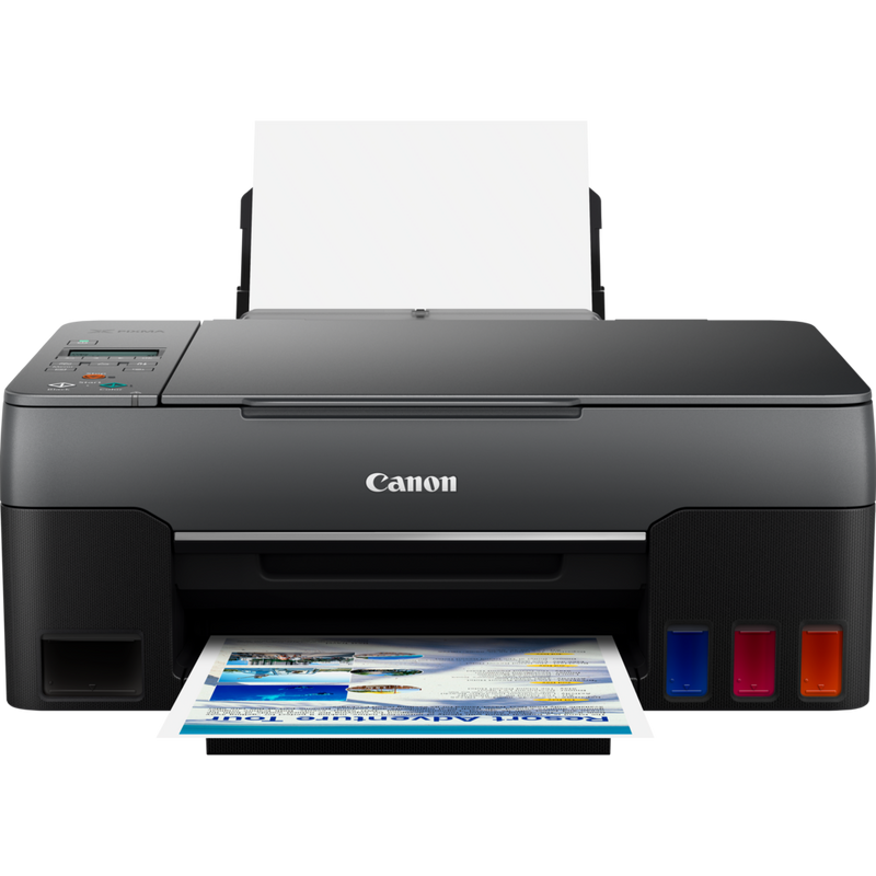 Canon PIXMA G3560: impresora MegaTank 3 en 1 inalámbrica en color con depósitos de tinta rellenable Producto Vista frontal con la bandeja de papel abierta