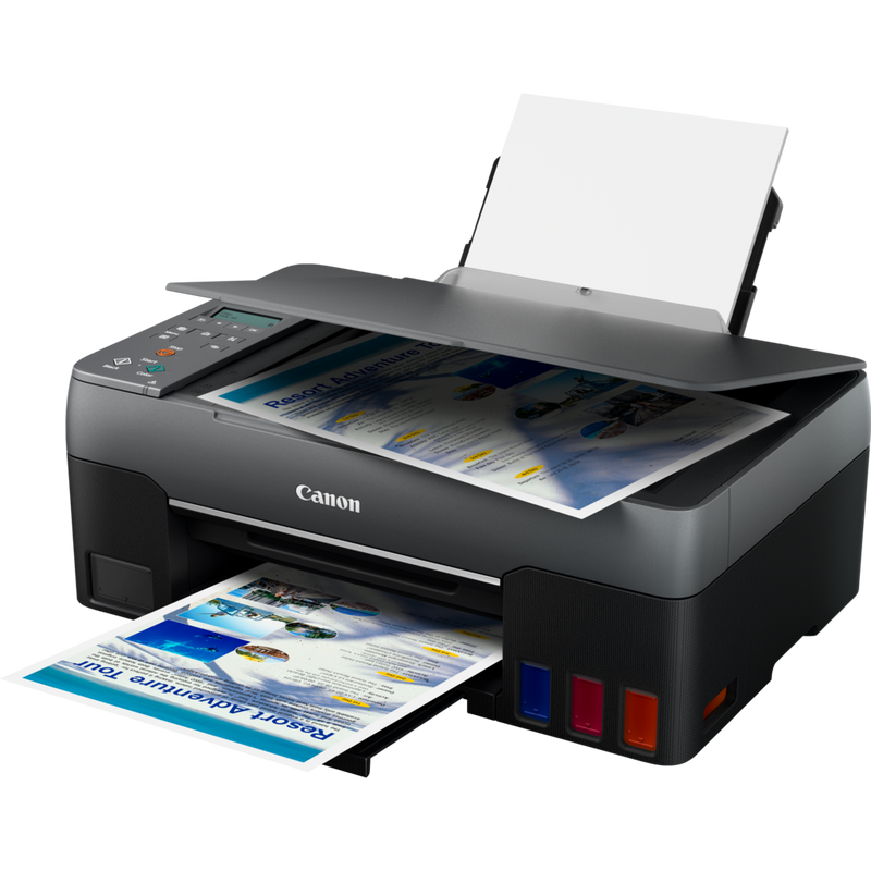 Canon PIXMA G3560: impresora MegaTank 3 en 1 inalámbrica en color con depósitos de tinta rellenable Producto Vista frontal inclinada con la bandeja de papel abierta y un soporte de papel