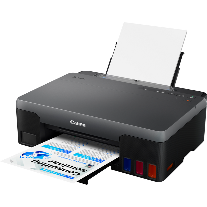 Canon PIXMA G1420 Colour Refillable MegaTank Printer Product Front Slant View With Paper Tray Out And Paper Support