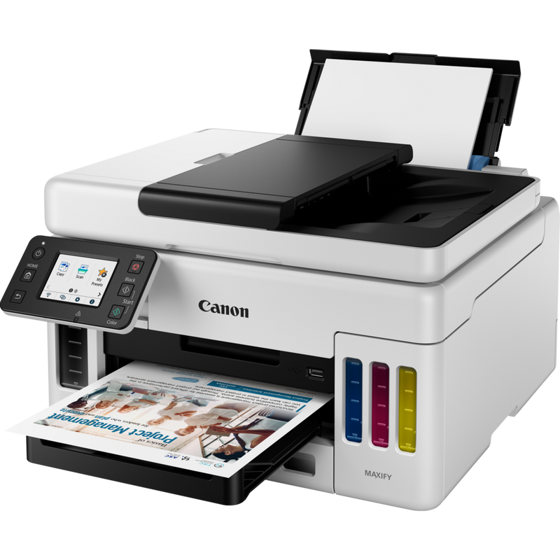 Canon MAXIFY GX6050 Wireless 3-in-1 Refillable MegaTank Inkjet Printer Produkt Sett skrått forfra med papirskuff åpen og papirstøtte