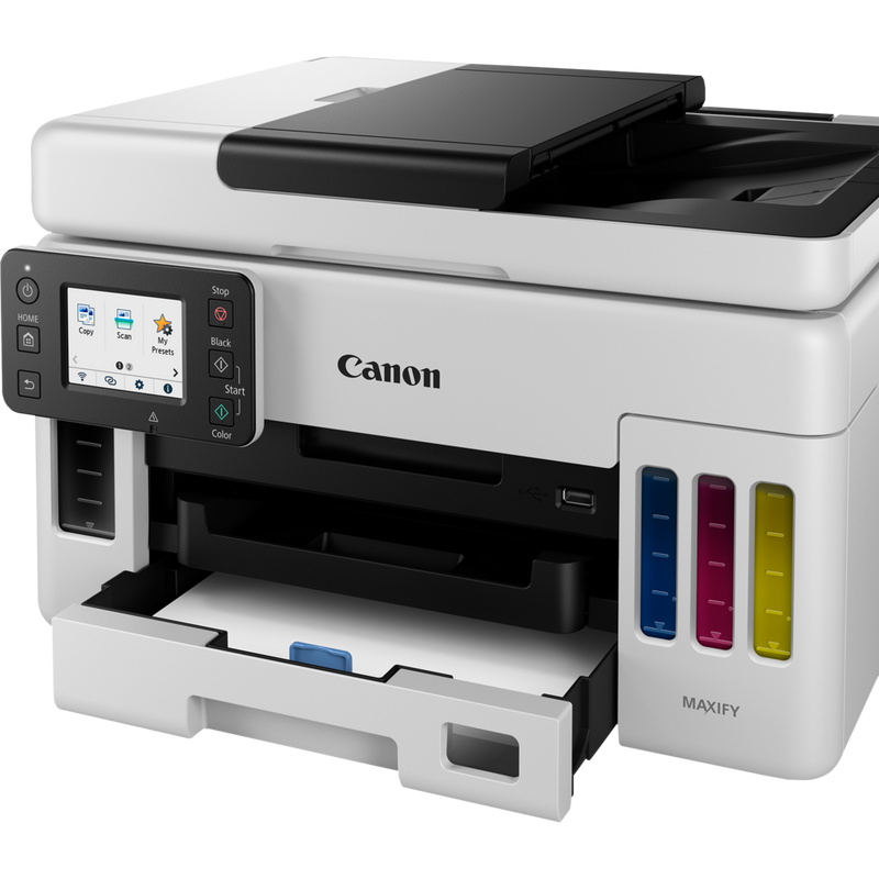 Canon MAXIFY GX6050 Wireless 3-in-1 Refillable MegaTank Inkjet Printer Produkt Sett skrått forfra med papirskuff åpen