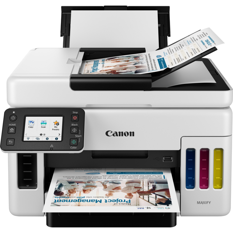 Canon MAXIFY GX6040 Wireless Colour 3-in-1 Refillable MegaTank Inkjet Printer Product Front View With Paper Tray Out And Paper Support