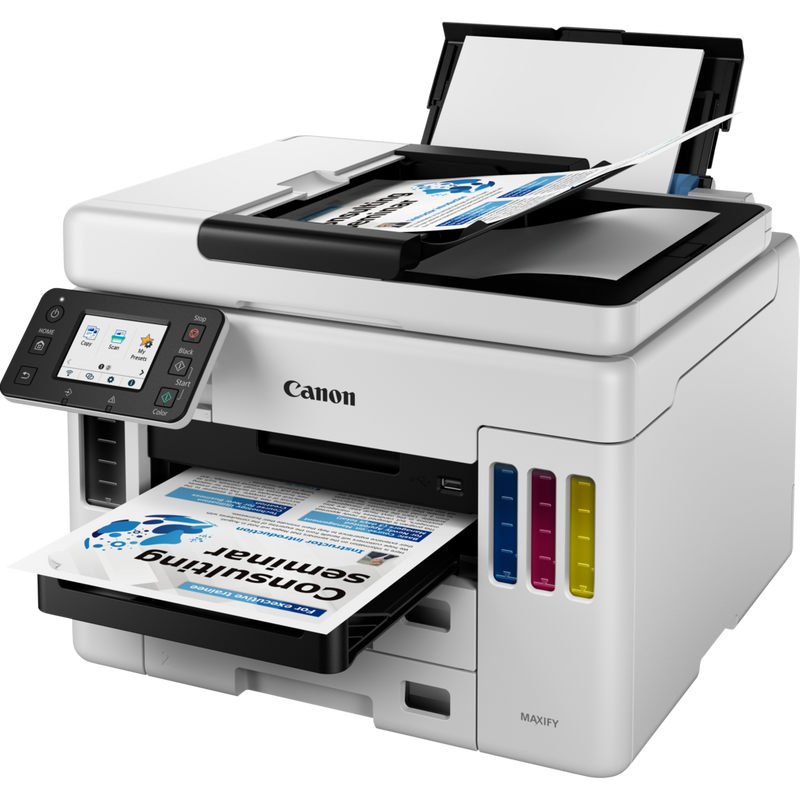 Canon MAXIFY GX7050 Wireless Colour All-in-one Refillable MegaTank Inkjet Printer Product Front Slant View With Paper Tray Out And Paper Support