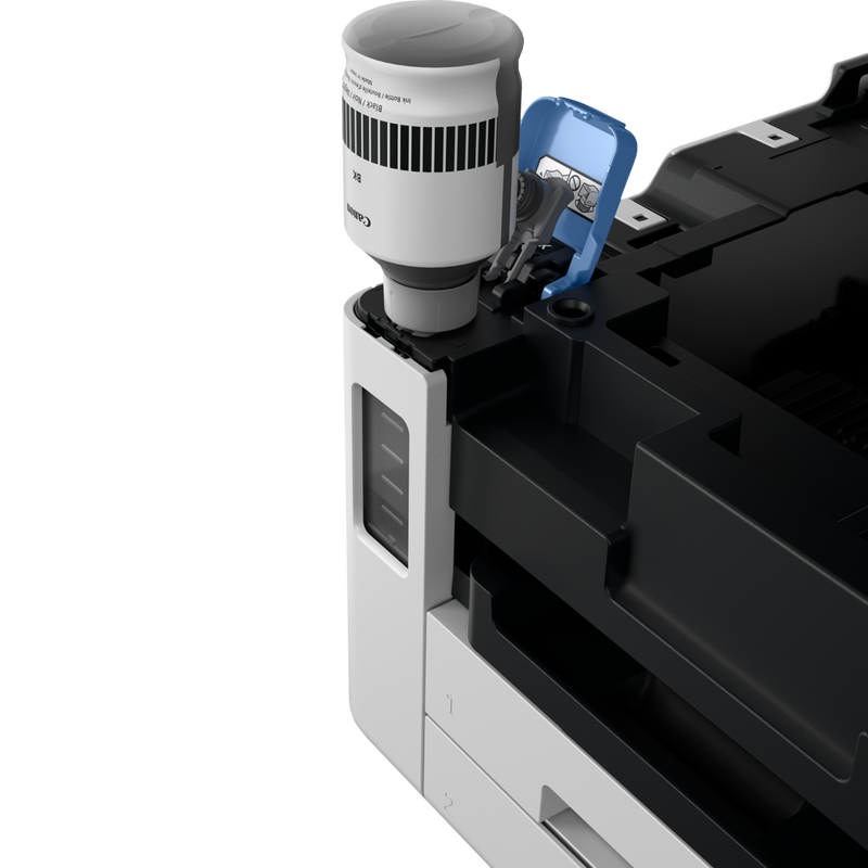 Canon MAXIFY GX7050 Wireless Colour All-in-one Refillable MegaTank Inkjet Printer Product Front View with A Person Refilling the Black Ink Tank