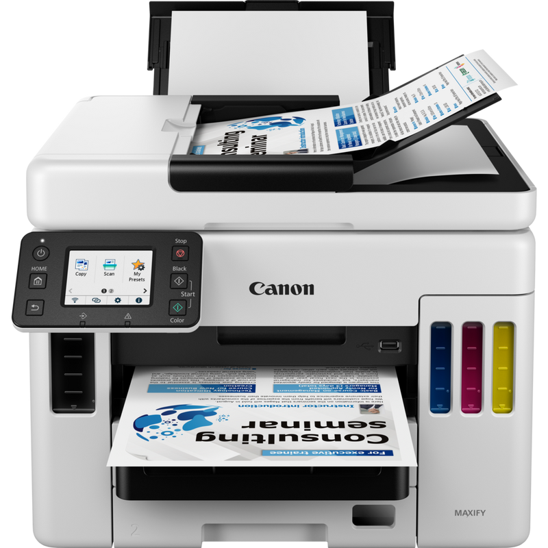 Canon MAXIFY GX7040 Wireless Colour All-in-one Refillable MegaTank Inkjet Printer Product Front View With Paper Tray Out And Paper Support