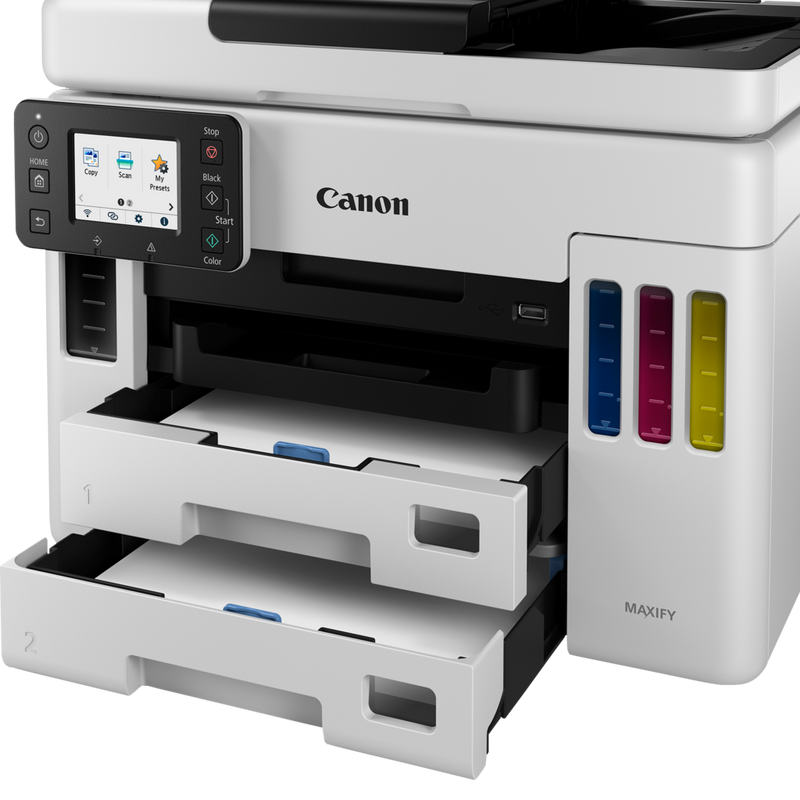 Canon MAXIFY GX7040 Wireless Colour All-in-one Refillable MegaTank Inkjet Printer Product Front View With double Paper Tray Out