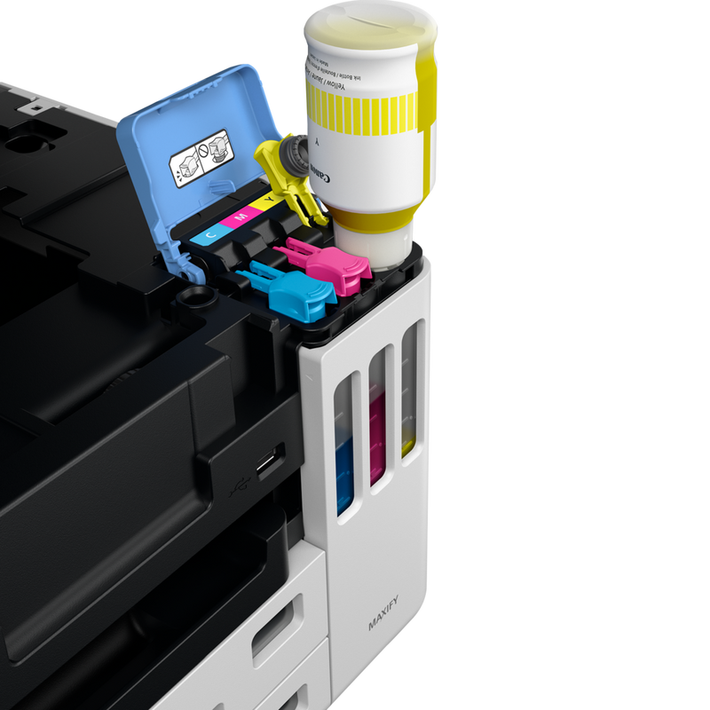 Canon MAXIFY GX7040 Wireless Colour All-in-one Refillable MegaTank Inkjet Printer Product Front View with A Person Refilling the Yellow Ink Tank
