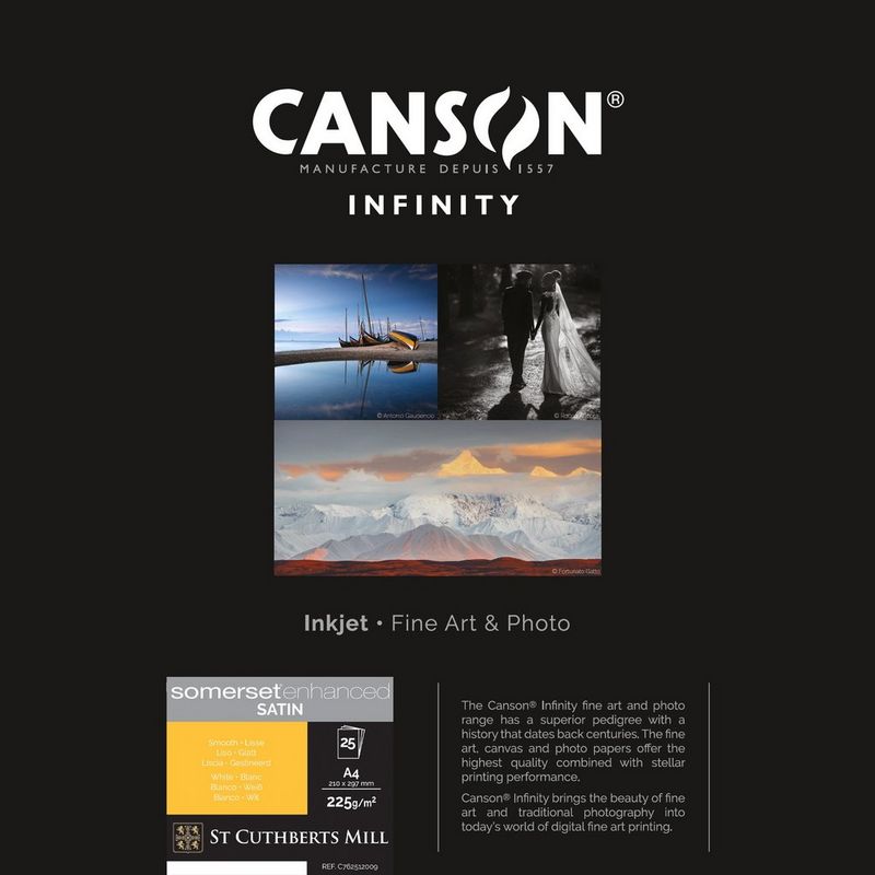 Canson Infinity Somerset Enhanced Satin White Paper, 225 g/m², A4, 25 Blätter, Papierserie und Beispieldruck