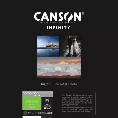 Canson Infinity Somerset Enhanced Velvet White Paper, 225 gsm, A4, 25 Sheets