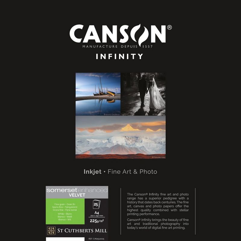 Papier Canson Infinity Somerset Enhanced Velvet White, 225 g/m², A4, 25 feuilles - Gamme de papier et exemple d'impression