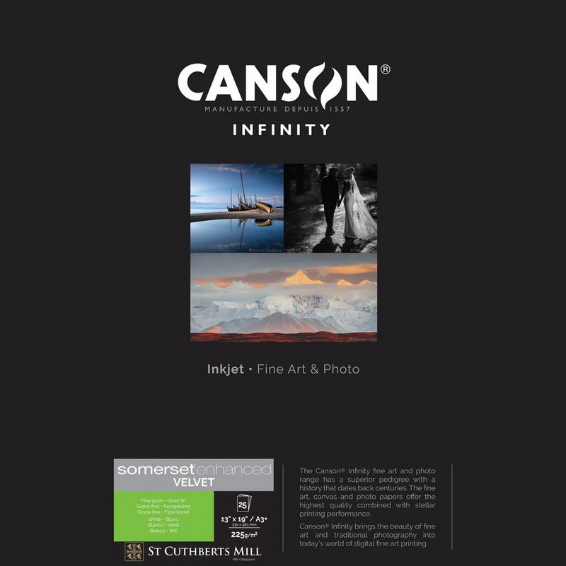 Canson Infinity Somerset Enhanced Velvet White Paper, 225 gsm, A3+, 25 Sheets
