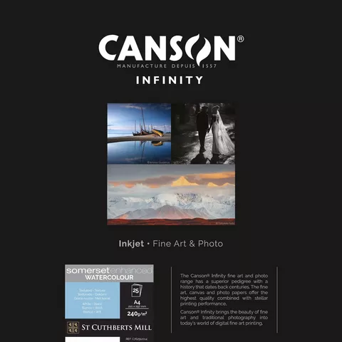 Canson Infinity Somerset Enhanced Watercolour Rag White Paper, 240 gsm, A4, 25 Sheets