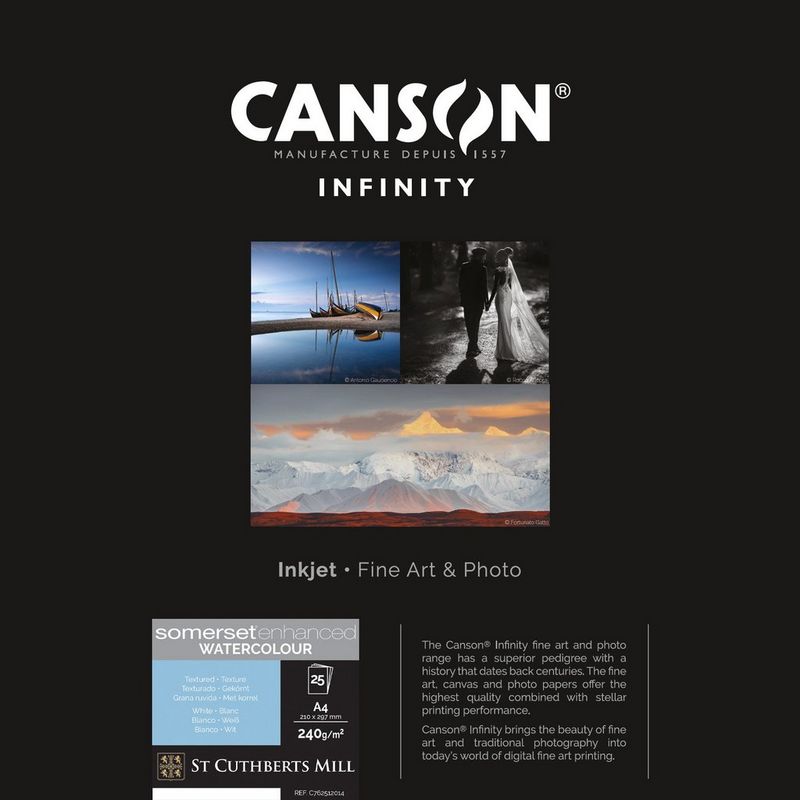 Impresión de prueba y serie de papel Canson Infinity Somerset Enhanced Watercolour Rag White Paper, 240 g/m² (A4), 25 hojas