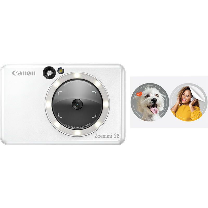 Canon Zoemini S2 Instant Camera Colour Photo Printer, Pearl White + Diary + Pouch Product Front view of the camera with Print Out