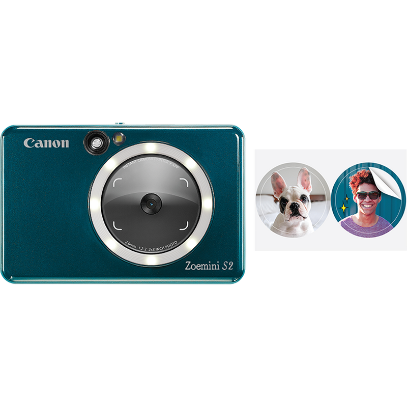 Canon Zoemini S2 Instant Camera Colour Photo Printer, Teal + Diary + Pouch Product Front view of the camera with Print Out