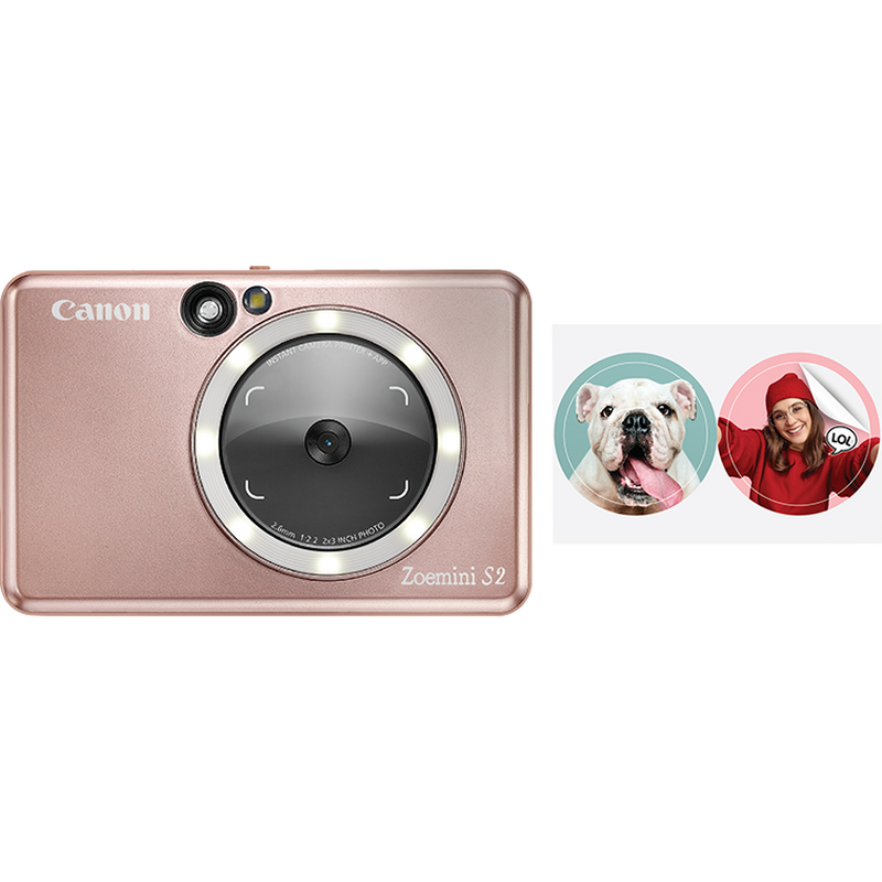 Canon Zoemini S2 Instant Camera Colour Photo Printer, Rose Gold + Diary + Pouch Product Front view of the camera with Print Out