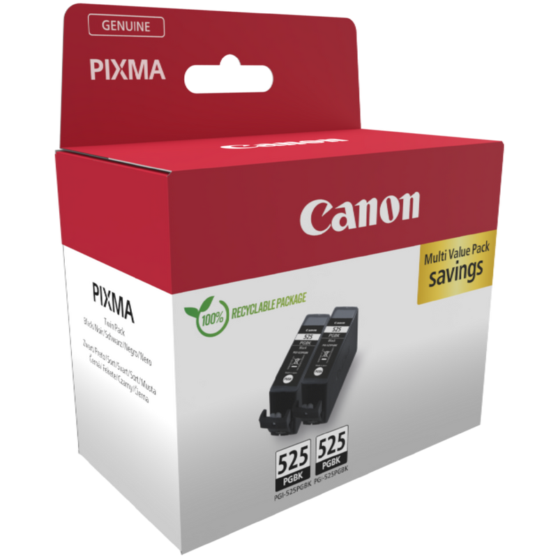 Canon PGI-525PGBK Pigment Black Ink Cartridge (Twin Pack) Product Package angled view