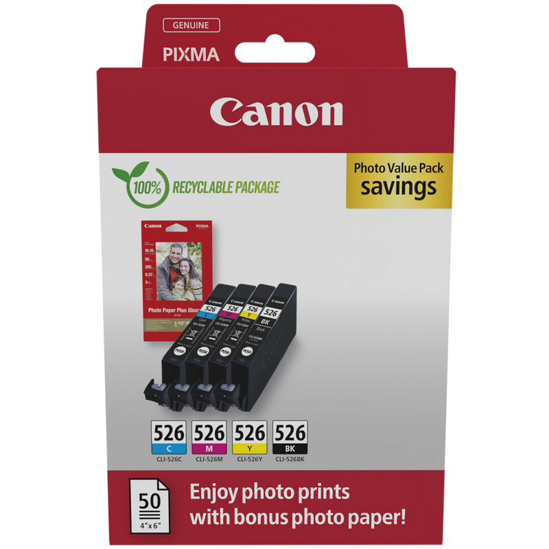 Canon CLI-526 BK/C/M/Y Ink Cartridge + Photo Paper Value Pack Product Package front view