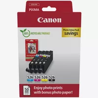 Canon CLI-526 BK/C/M/Y Ink Cartridge + Photo Paper Value Pack Product Package front view