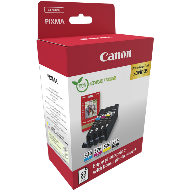 Canon CLI-526 BK/C/M/Y Ink Cartridge + Photo Paper Value Pack Product Package angled view