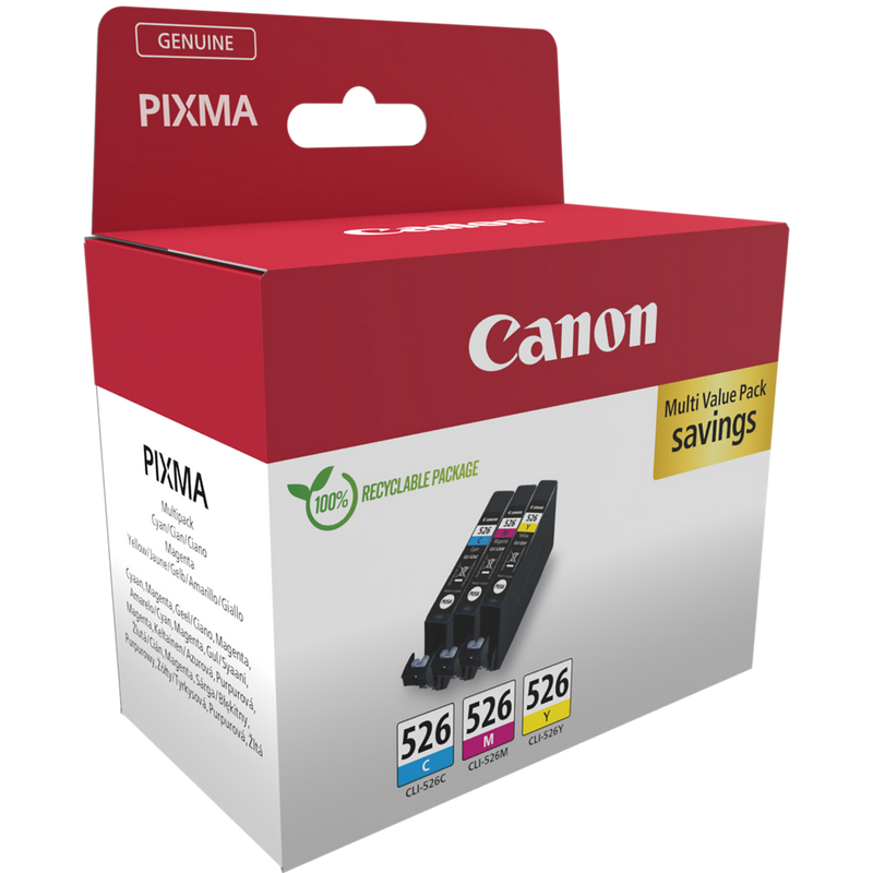 Canon CLI-526 C/M/Y Colour Ink Cartridge Multipack Product Front angled view