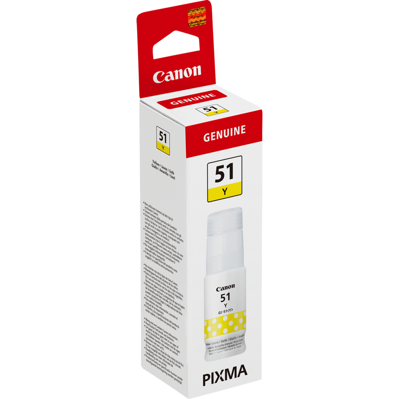 Canon GI-51Y, blekkflaske, gul Produkt Sett fra venstre
