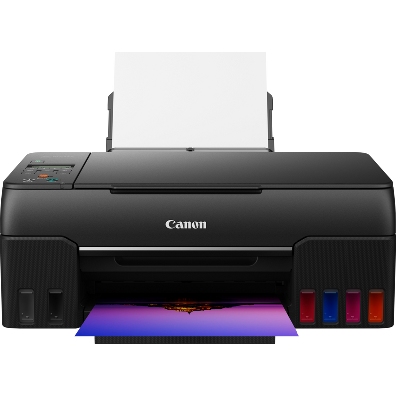 Canon PIXMA G640 Wireless 3-in-1 Refillable MegaTank Inkjet Photo Printer Product Front View With Paper Tray Out