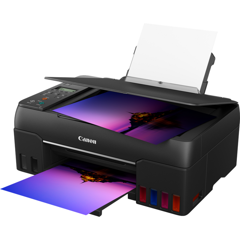 Canon PIXMA G640 Wireless 3-in-1 Refillable MegaTank Inkjet Photo Printer Product Front Slant View With Paper Tray out